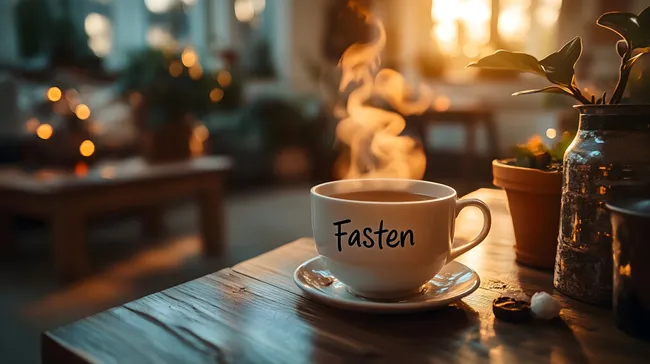 Dampfende Tasse Tee mit Fastens-Schriftzug in gemütlicher Winterumgebung