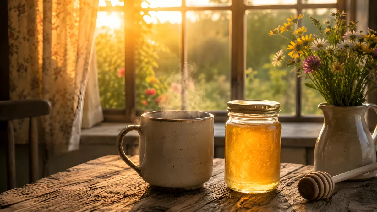 Dampfende Tasse Tee mit Honigglas im Morgenlicht