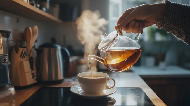 Dampfende Teekanne gießt aromatischen Tee in Tasse ein