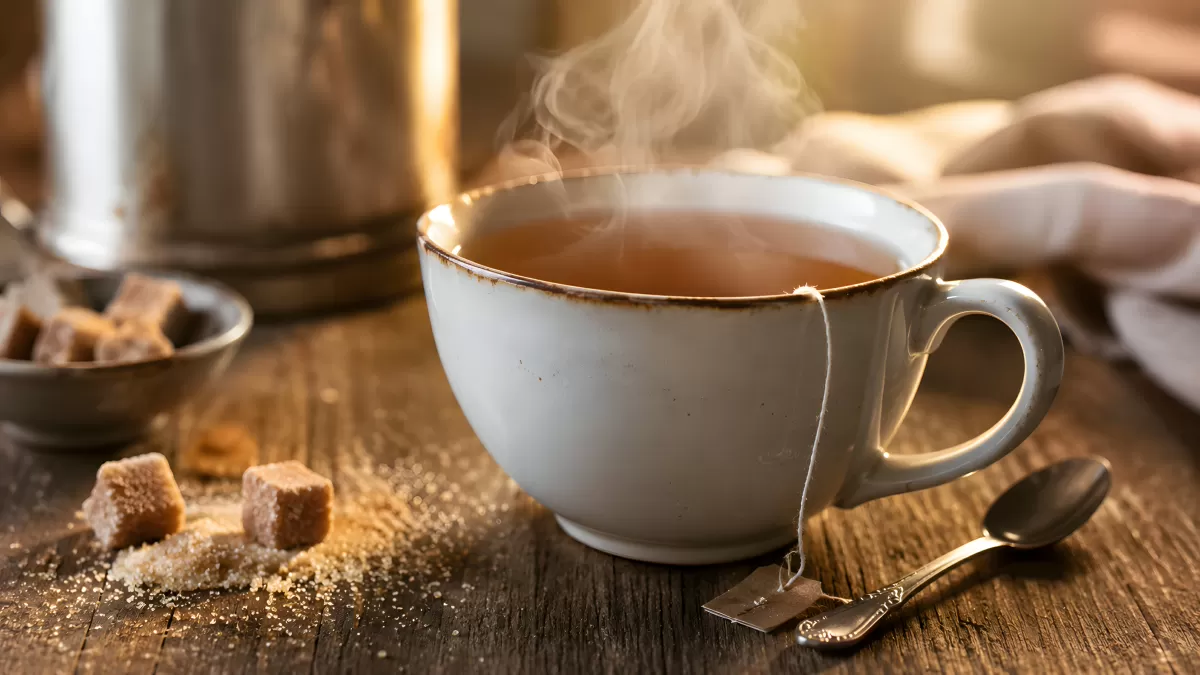 Dampfende Teetasse mit Rohrzucker auf Holztisch