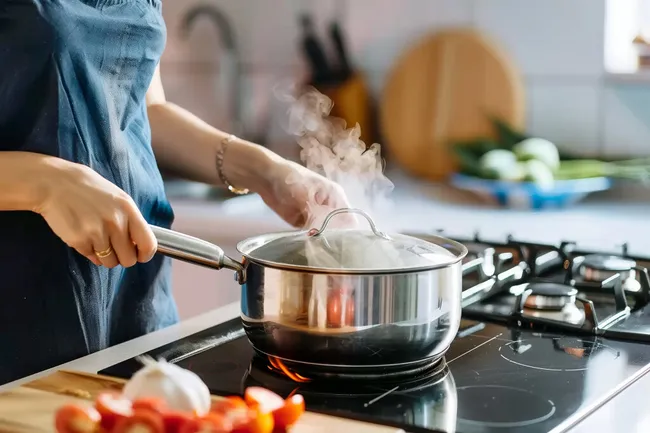Dampfende Töpfe auf Gasherd in Küche