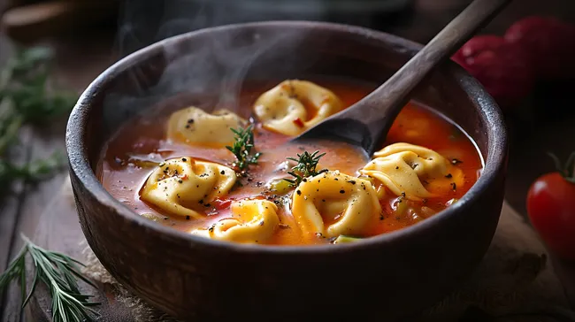 Dampfende Tortellini-Suppe mit Tomaten und Kräutern