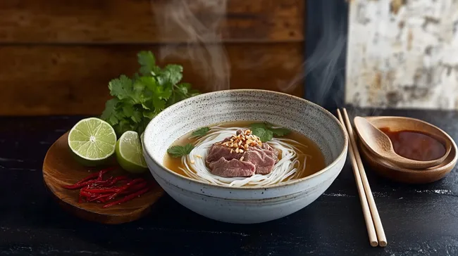 Dampfende vietnamesische Pho-Suppe mit Rindfleisch