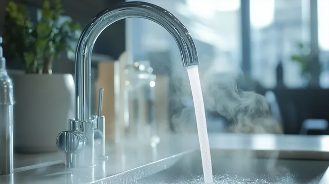 Dampfende Wasserhähne vor Fensterfront