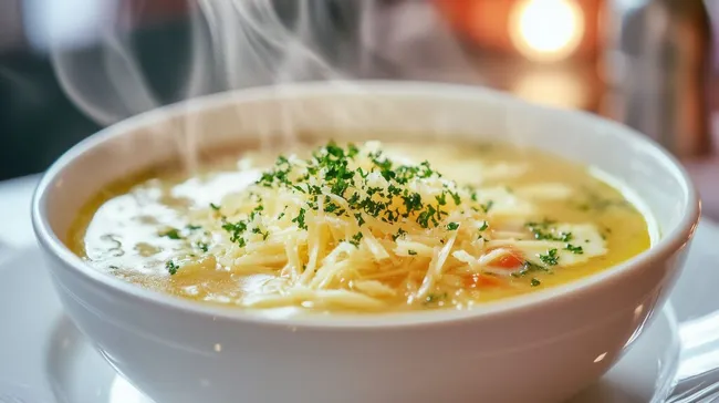 Dampfende Zwiebelsuppe in Schüssel mit Kräutern