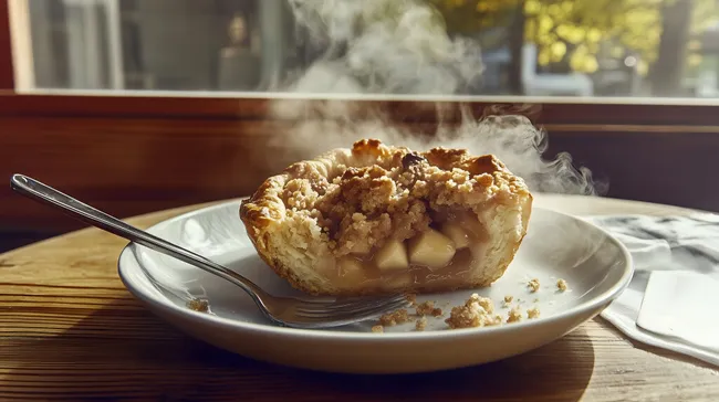 Dampfender Apfel-Crumble auf Holztisch