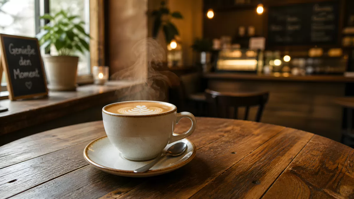 Dampfender Cappuccino mit Latte-Art im Holztisch-Café