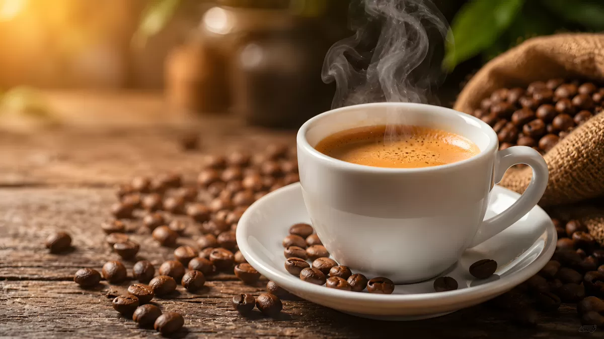 Dampfender Espresso mit Kaffeebohnen auf Holztisch