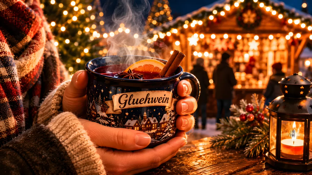 Dampfender Glühwein auf dem Weihnachtsmarkt