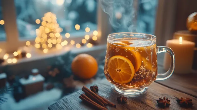 Dampfender Glühwein mit Zimt und Orange an Winterabend