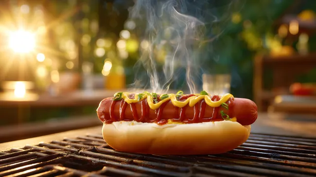 Dampfender Grillhund mit Senf und Gewürzen