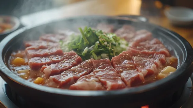 Dampfender Hotpot mit dünnen Rindfleischstücken und Gemüse