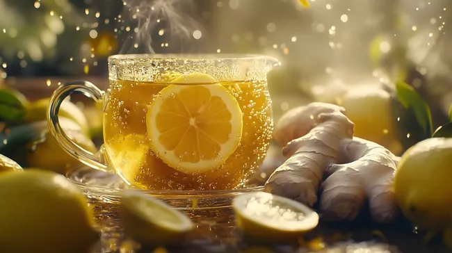 Dampfender Ingwer-Zitronengetränk in Glasbecher
