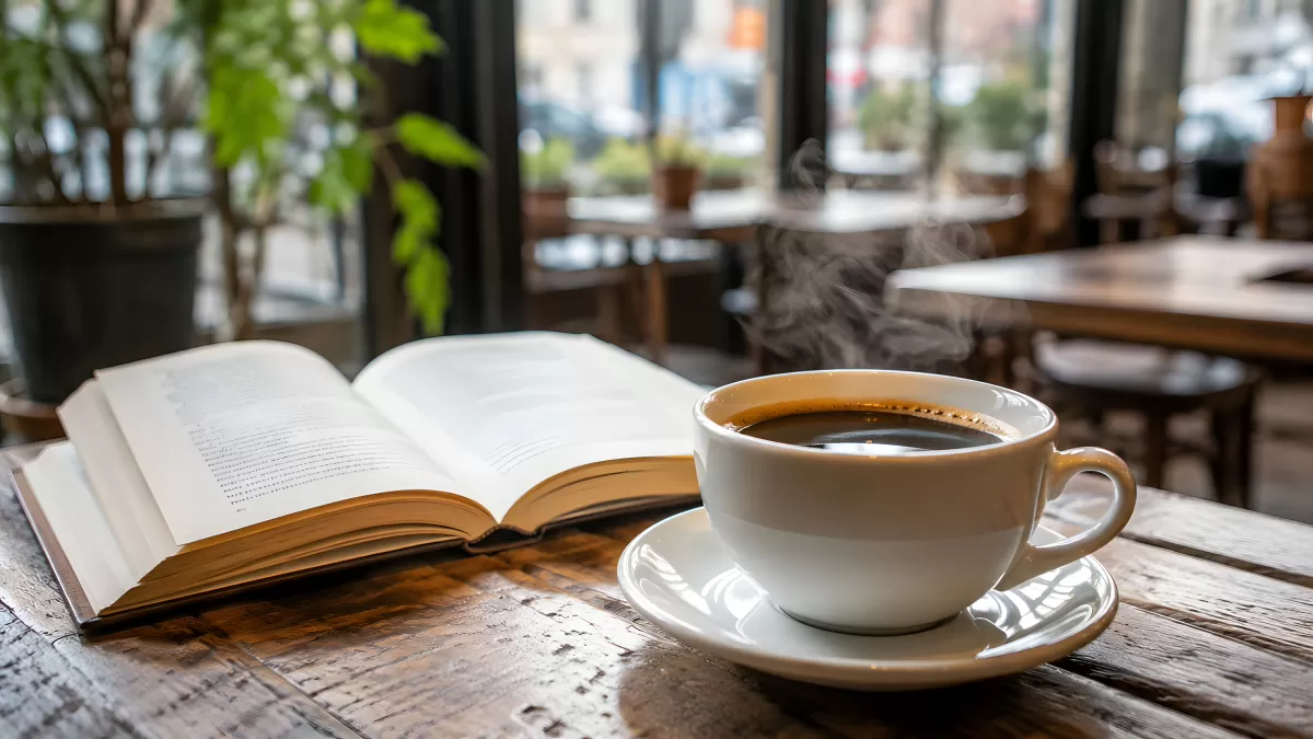 Dampfender Kaffee und aufgeschlagenes Buch im Café
