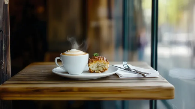 Dampfender Kaffee und knuspriges Gebäck in Café-Atmosphäre