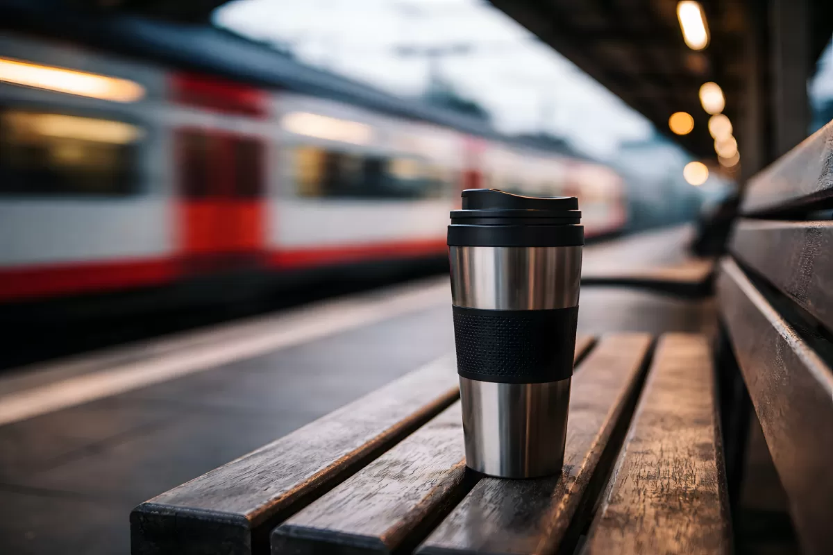 Dampfender Kaffeebecher auf Holzbank am Bahnsteig
