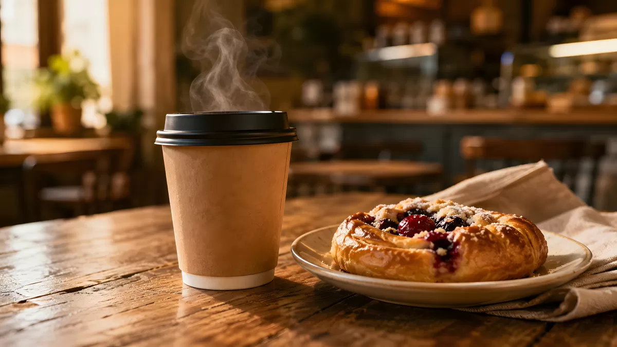 Dampfender Kaffeebecher und Beerenpastete im Café