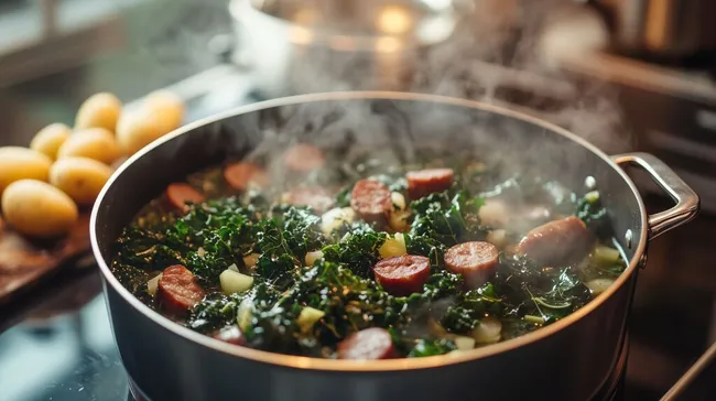 Dampfender Kohlgemüsetopf mit Wurst in moderner Küche