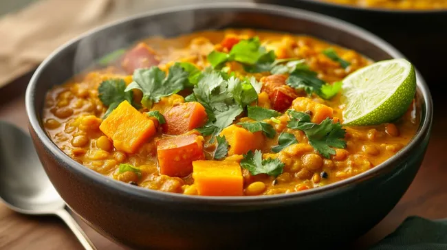 Dampfender Linsen-Curry mit Kürbis und Koriander