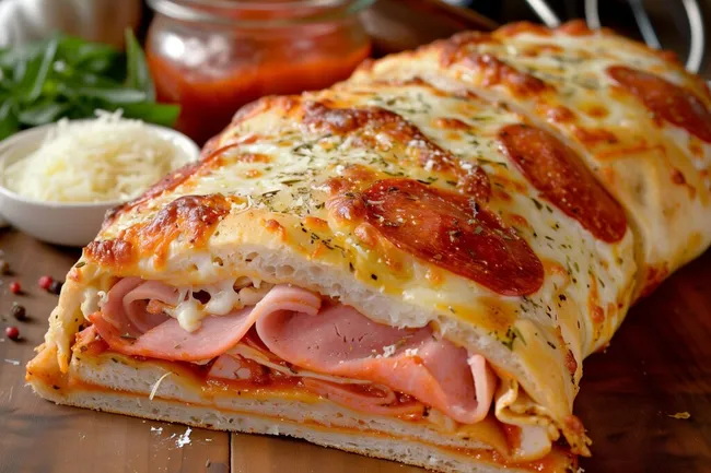Dampfender Stromboli mit Schinken und Käse auf Holztisch