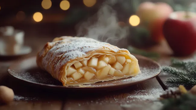 Dampfender, zimtgewürzter Apfelstrudel mit Puderzucker
