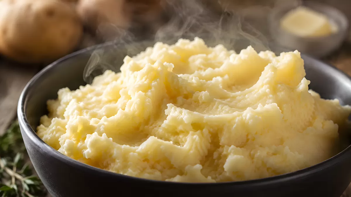 Dampfendes Kartoffelpüree in schwarzer Schüssel