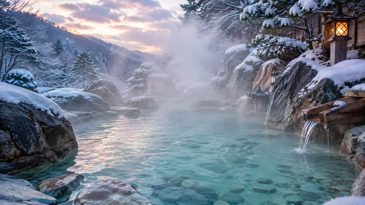 Dampfendes Onsen im Winter mit Schnee und Laterne