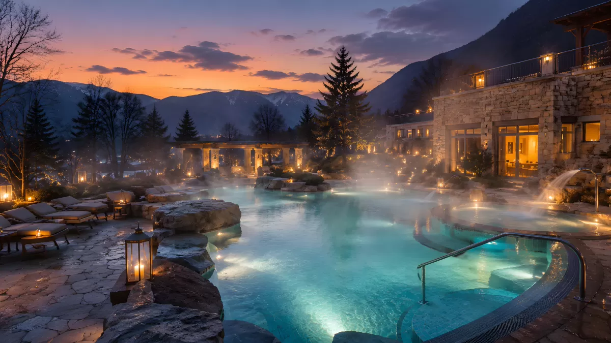 Dampfendes Thermalbad bei Abenddämmerung im Gebirge