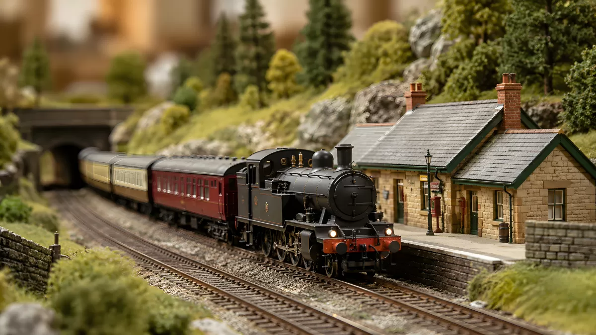 Dampflokomotive am Bahnhof einer Modelleisenbahnanlage