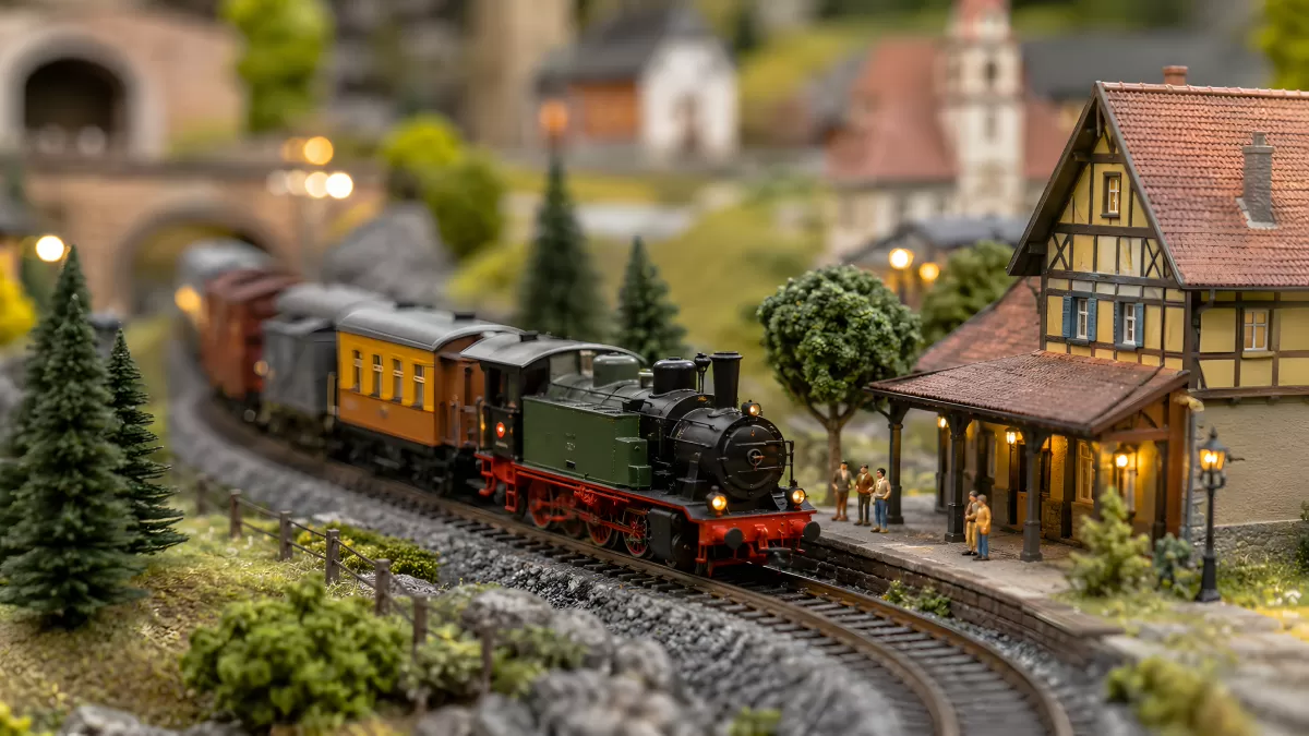 Dampflokomotive an Miniaturbahnhof im Modellbahndiorama