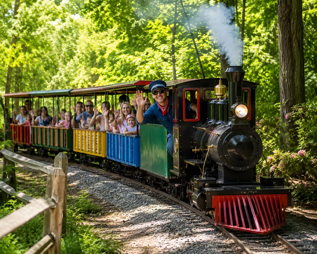 Dampflokomotive mit Familien im grünen Wald