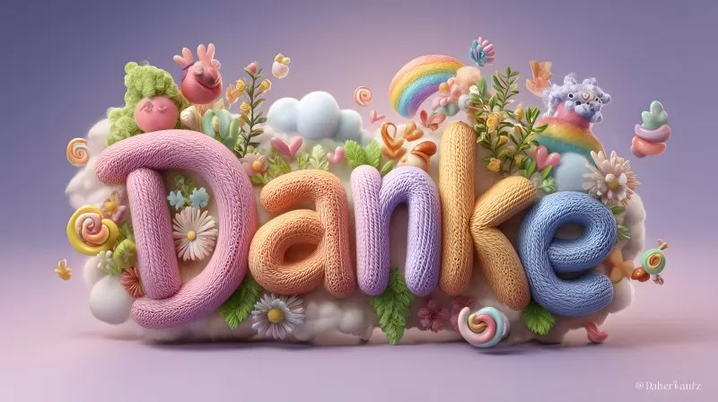 Danke in pastellfarbener Häkeloptik mit Blumen und Regenbogen