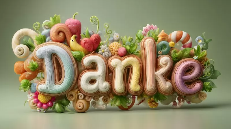 Danke Schriftzug in buntem 3D Design mit Blumen und Deko