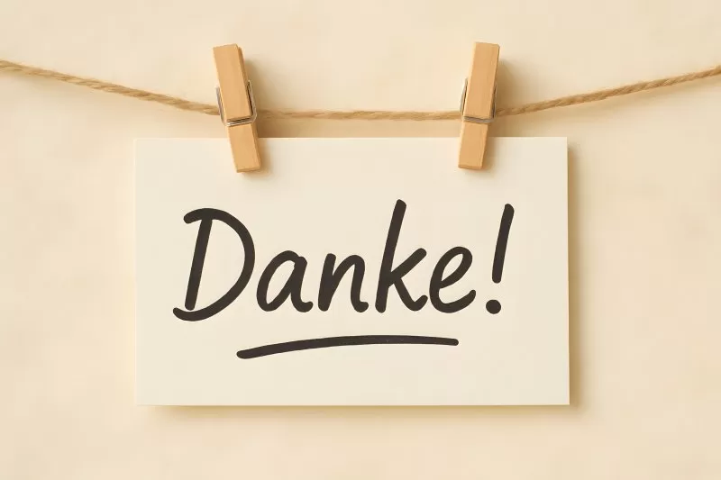 Dankeskarte mit zwei Holzklammern an Kordel aufgehängt