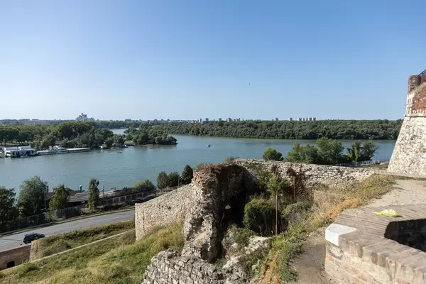 Danube river flows by Kalemegdan fort in the Belgrade
