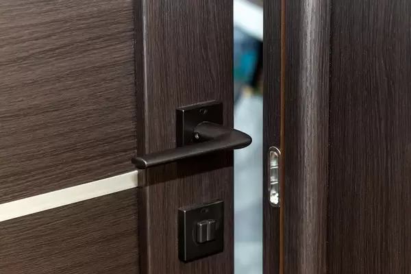 Dark metal handle on a open wooden door (Flip 2019)