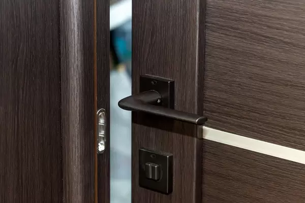 Dark metal handle on a open wooden door