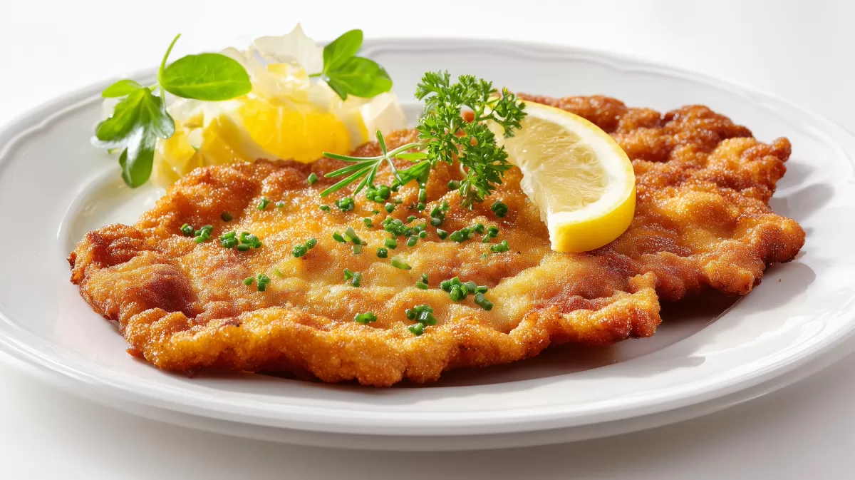 Das echte Wiener Schnitzel mit Zitrone auf Teller