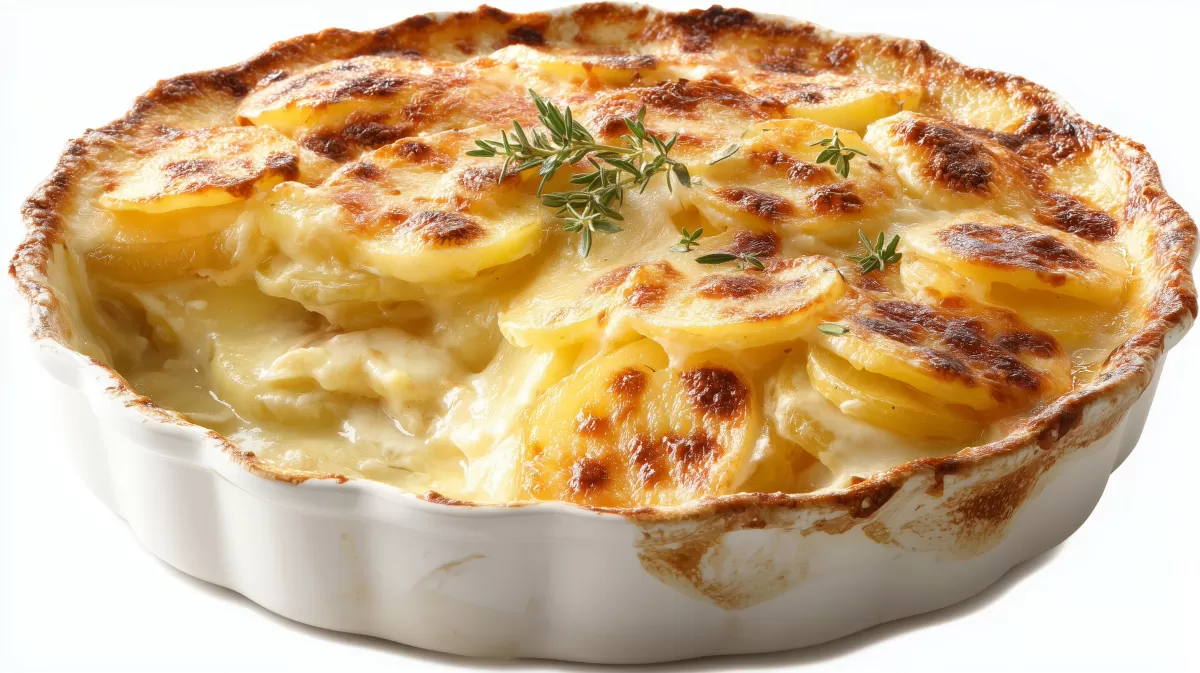 Das goldene Kartoffelgratin in weißer Auflaufform