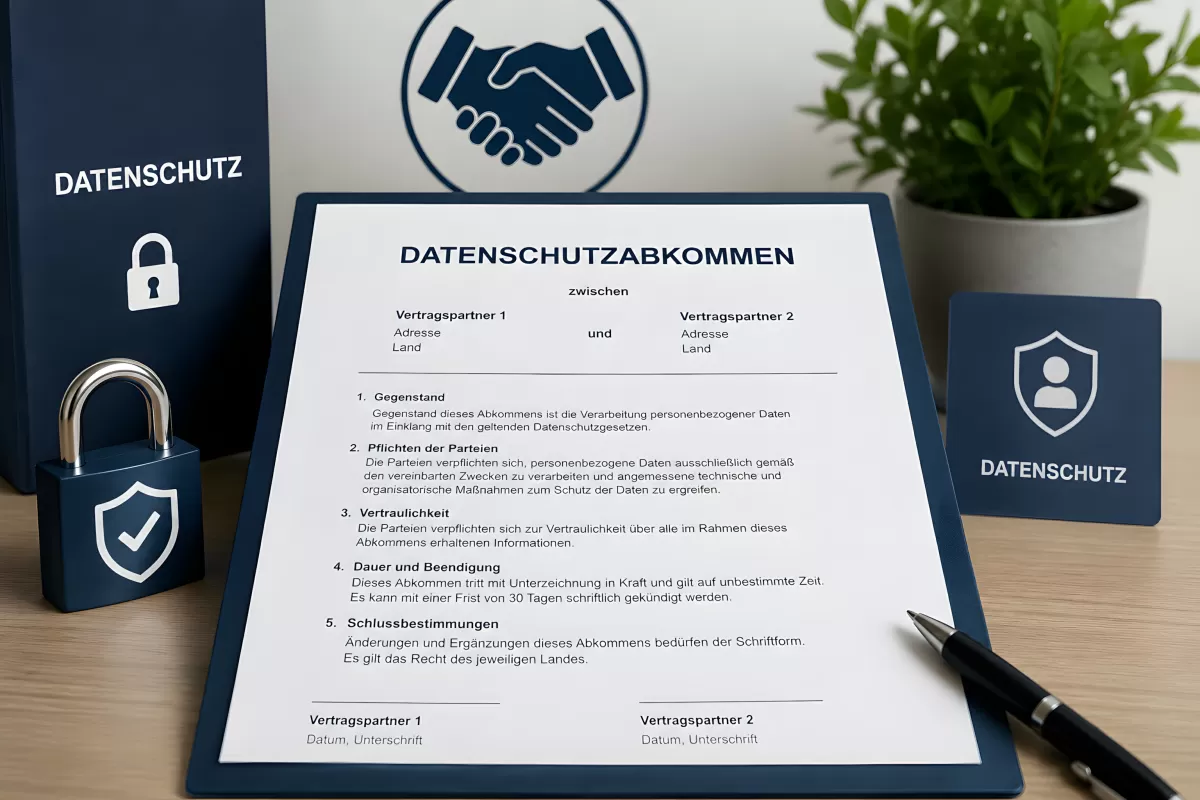 Datenschutzabkommen auf Klemmbrett mit Schloss und Stift