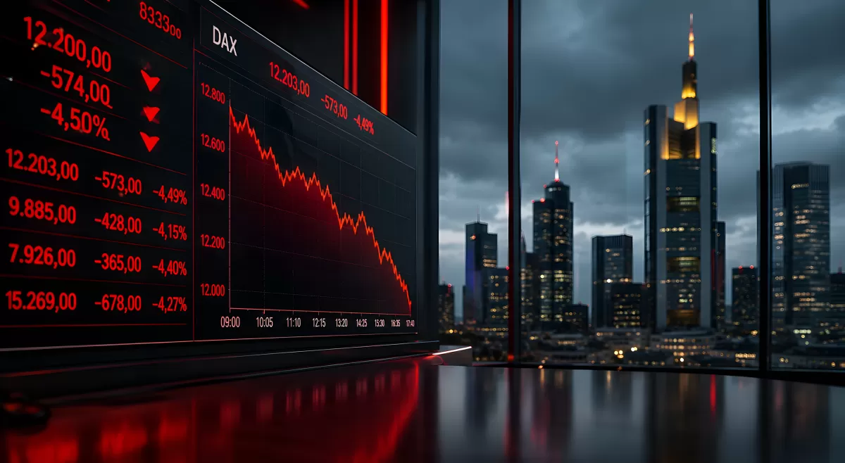 DAX-Kurssturz auf Börsentafel vor Frankfurter Skyline