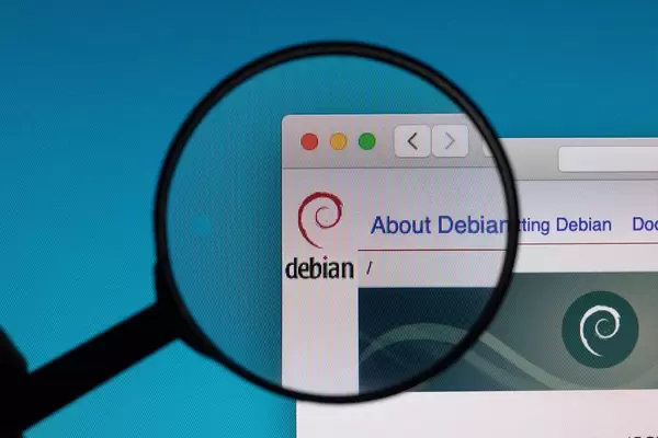 Debian logo under magnifying glass