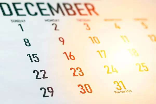 December 2019 calendar. New Year's eve