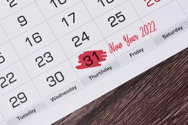 December 31 highlighted. New year 2022