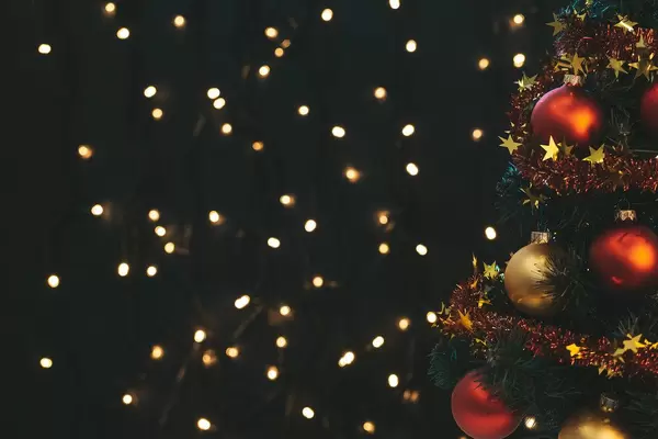 Decorated Christmas tree and luminous garland behind