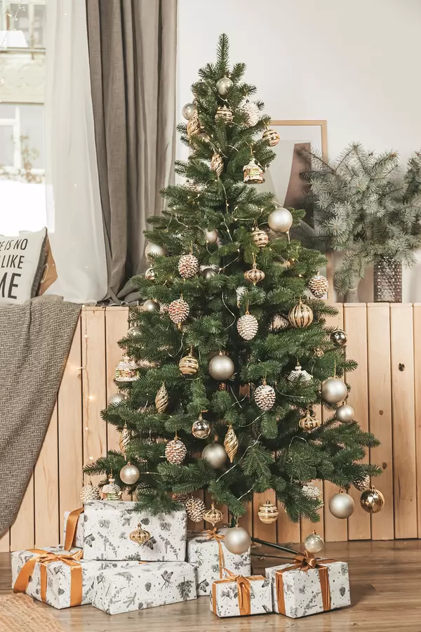 Decorated christmas tree in living room interior with gifts