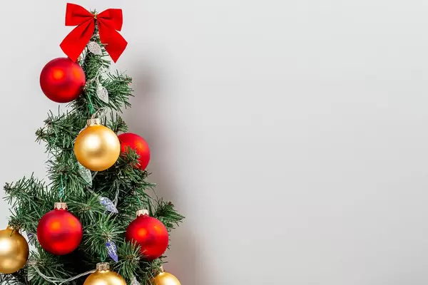Decorated Christmas tree on white background with free space (Flip 2019)