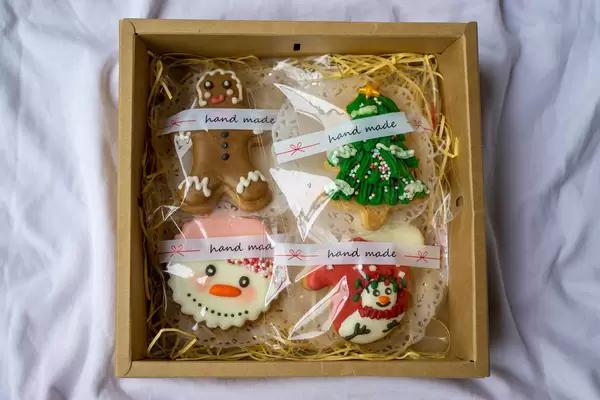 Decorated Gingerbread Cookies packed in Plastic Bags in a Paper Box as a Christmas Gift