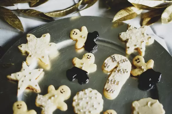 Decorated sugar cookies in a silver color plate