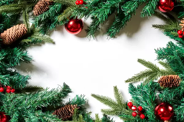 Decorative evergreen branches festive frame on white background